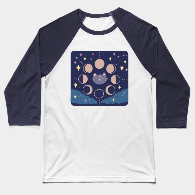 Quirky Moon Phase Cat Baseball T-Shirt by awesomesaucebysandy